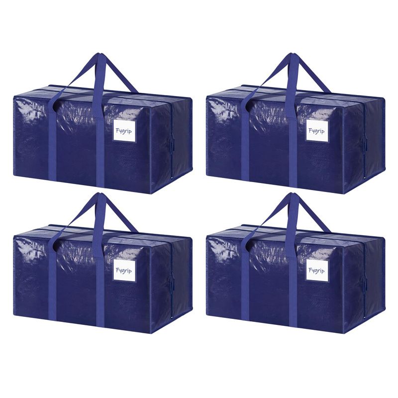 4 Pack Extra Heavy Duty Large Moving Bags with Strong Zipper & Comfortable Handles, Sturdy & Durable Clothes Storage Bags Totes Bins,  Packing Moving Boxes for Clothes, Bedding, Dorm & Travel, Dark Blue