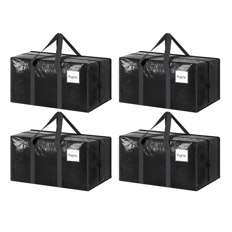4 Pack Extra Heavy Duty Large Moving Bags with Strong Zipper & Comfortable Handles, Sturdy & Durable Clothes Storage Bags Totes Bins,  Packing Moving Boxes for Clothes, Bedding, Dorm & Travel, Black