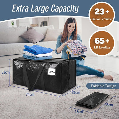 4 Pack Extra Heavy Duty Large Moving Bags with Strong Zipper & Comfortable Handles, Sturdy & Durable Clothes Storage Bags Totes Bins,  Packing Moving Boxes for Clothes, Bedding, Dorm & Travel, Black