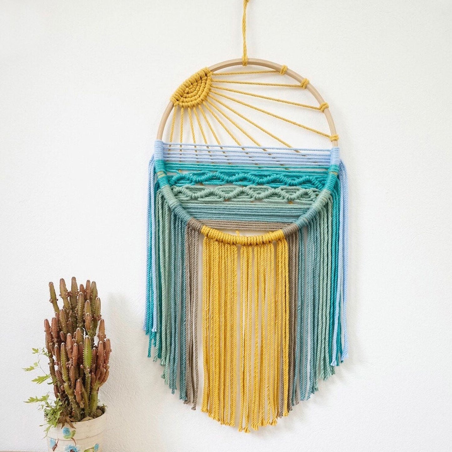 Style 1 Hand-Woven Cotton Rope Sunrise Sunset Wall Hanging - Bohemian Macrame Tapestry with Tassels, 60x30cm - Perfect for Living Room, Bedroom