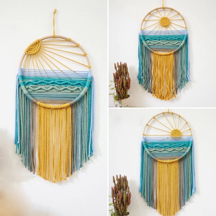 Style 2 Hand-Woven Cotton Rope Sunrise Sunset Wall Hanging - Bohemian Macrame Tapestry with Tassels, 60x30cm - Perfect for Living Room, Bedroom