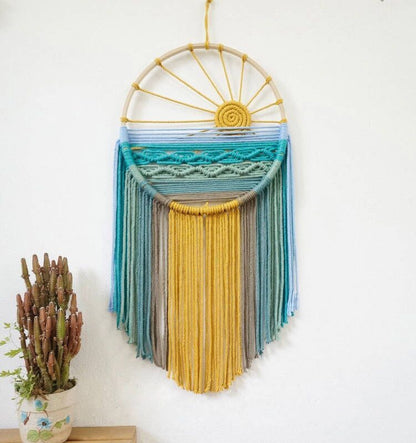 Style 3 Hand-Woven Cotton Rope Sunrise Sunset Wall Hanging - Bohemian Macrame Tapestry with Tassels, 60x30cm - Perfect for Living Room, Bedroom