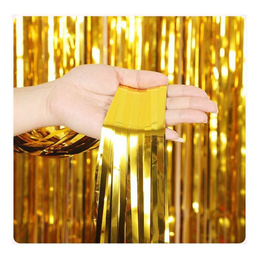 10 Pcs Gold Shiny Tinsel Foil Fringe Curtain - 1m x 2m Metallic Streamer Backdrop for Birthday Parties, Weddings, Christmas, and Stage Decor - Gold Plastic Photo Prop