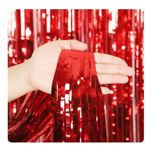 10 Pcs Red Shiny Tinsel Foil Fringe Curtain - 1m x 2m Metallic Streamer Backdrop for Birthday Parties, Weddings, Christmas, and Stage Decor - Gold Plastic Photo Prop