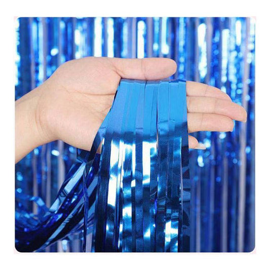 10 Pcs Blue Shiny Tinsel Foil Fringe Curtain - 1m x 2m Metallic Streamer Backdrop for Birthday Parties, Weddings, Christmas, and Stage Decor - Gold Plastic Photo Prop