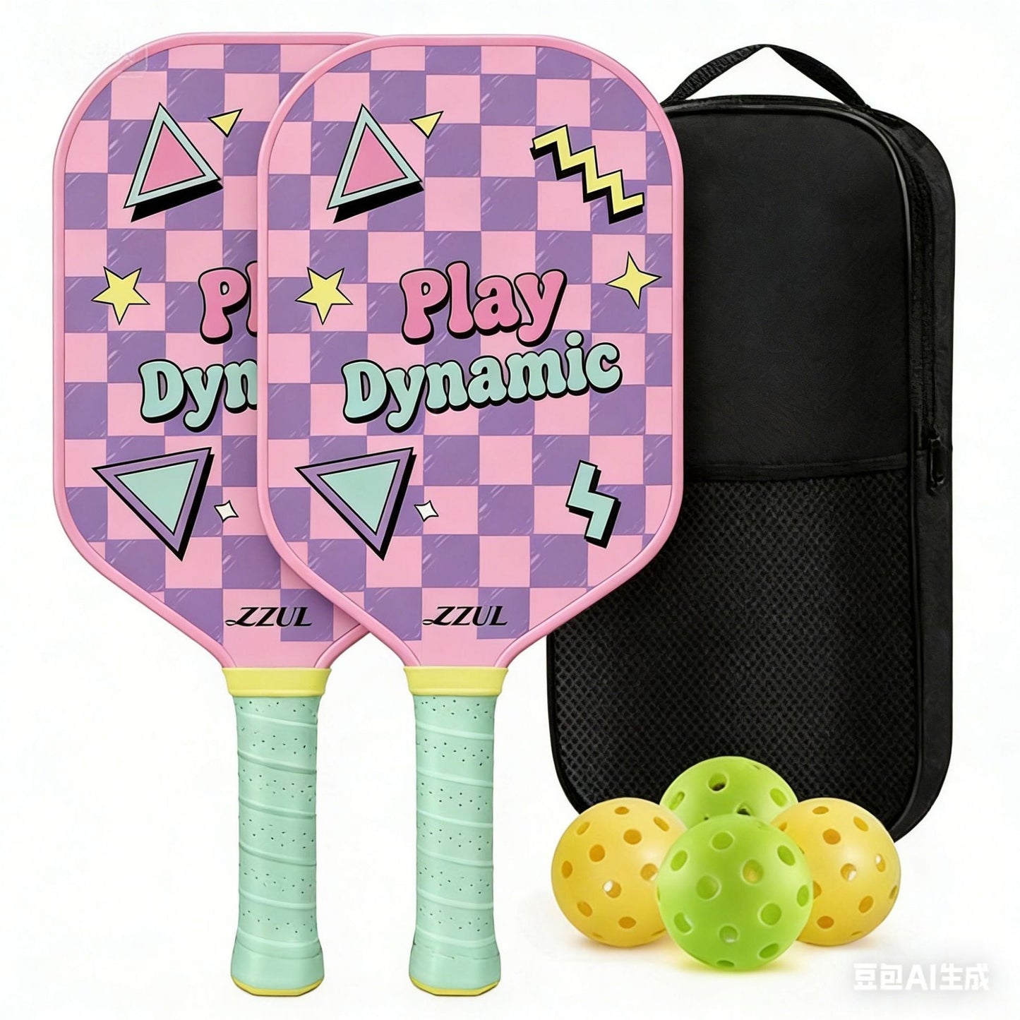 Pink and Purple Pickleball Paddle Set - Fiberglass Face with PP Honeycomb Core, 2 Paddles 4 Balls & Carry Bag - Lightweight Vibration Dampening Grip for Beginners & Family Play