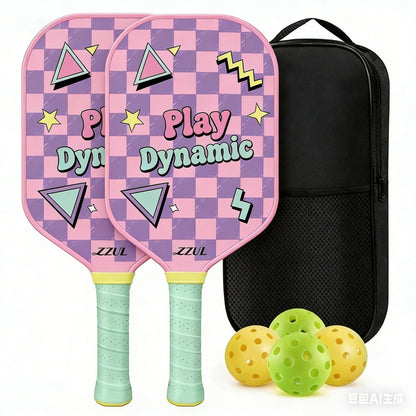 Pink and Purple Pickleball Paddle Set - Fiberglass Face with PP Honeycomb Core, 2 Paddles 4 Balls & Carry Bag - Lightweight Vibration Dampening Grip for Beginners & Family Play