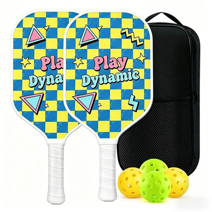 Yellow and Blue Pickleball Paddle Set - Fiberglass Face with PP Honeycomb Core, 2 Paddles 4 Balls & Carry Bag - Lightweight Vibration Dampening Grip for Beginners & Family Play