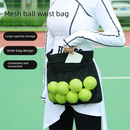 Black Mesh Ball Waist Bag - Large Capacity Portable Pickleball & Tennis Ball Carrier with Adjustable Belt & Inner Pocket - Lightweight Sports Storage Pouch for Training & Outdoor Play
