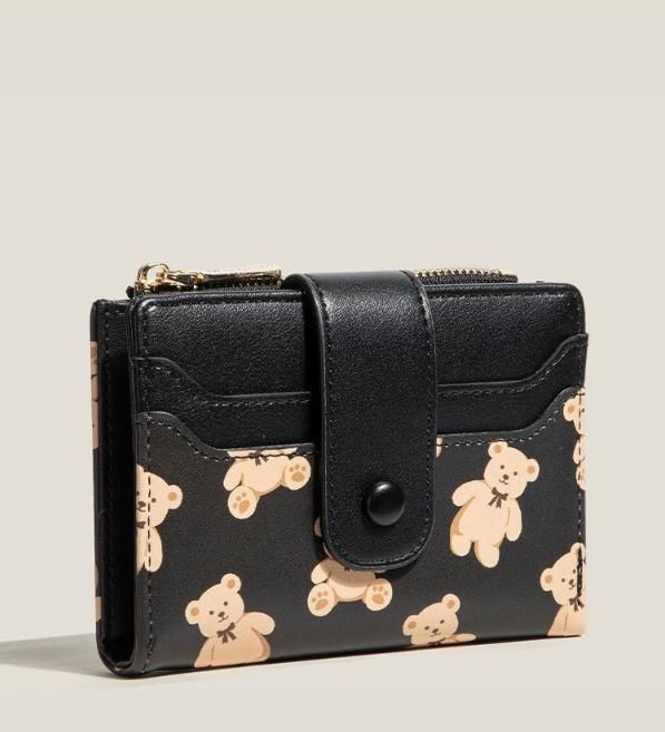 Black Cute Bear Print Bifold Wallet - PU Leather & Polyester Card Holder with Zip Coin Purse & ID Window - Compact Foldable Wallet for Women & Students