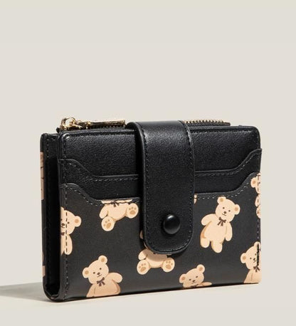 Black Cute Bear Print Bifold Wallet - PU Leather & Polyester Card Holder with Zip Coin Purse & ID Window - Compact Foldable Wallet for Women & Students