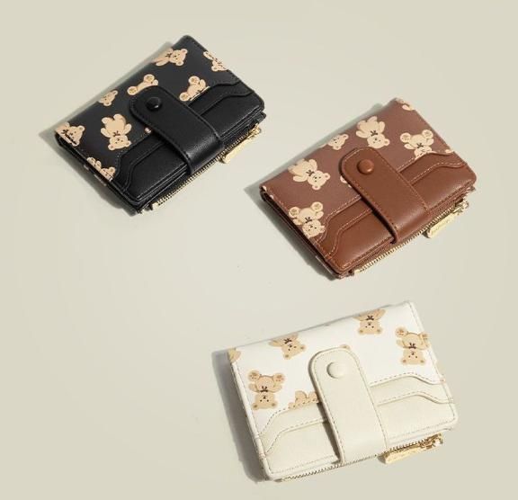 Black Cute Bear Print Bifold Wallet - PU Leather & Polyester Card Holder with Zip Coin Purse & ID Window - Compact Foldable Wallet for Women & Students