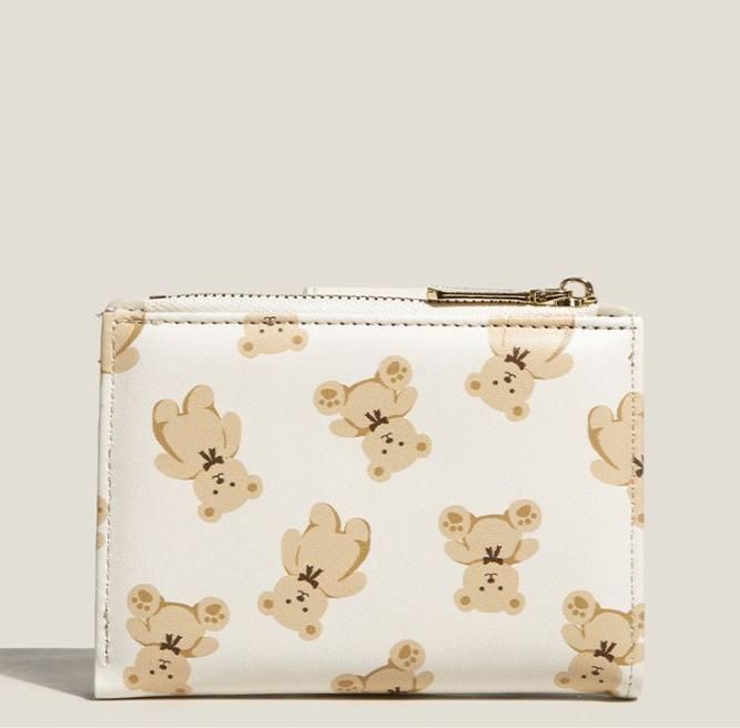 Black Cute Bear Print Bifold Wallet - PU Leather & Polyester Card Holder with Zip Coin Purse & ID Window - Compact Foldable Wallet for Women & Students