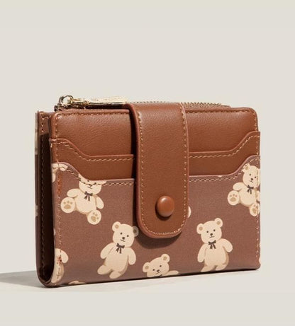 Brown Cute Bear Print Bifold Wallet - PU Leather & Polyester Card Holder with Zip Coin Purse & ID Window - Compact Foldable Wallet for Women & Students