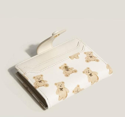 Brown Cute Bear Print Bifold Wallet - PU Leather & Polyester Card Holder with Zip Coin Purse & ID Window - Compact Foldable Wallet for Women & Students