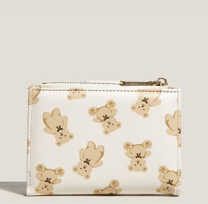 Brown Cute Bear Print Bifold Wallet - PU Leather & Polyester Card Holder with Zip Coin Purse & ID Window - Compact Foldable Wallet for Women & Students