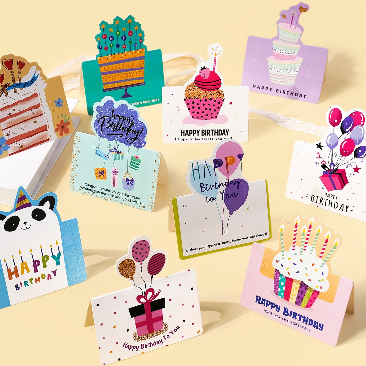 3 Sets 3D Pop-up Birthday Card Set - 3*10pcs Cartoon Panda/Cake/Balloon Greeting Cards with Envelopes, Handwritten Message Foldable Cards for Kids/Friends/Party Favors