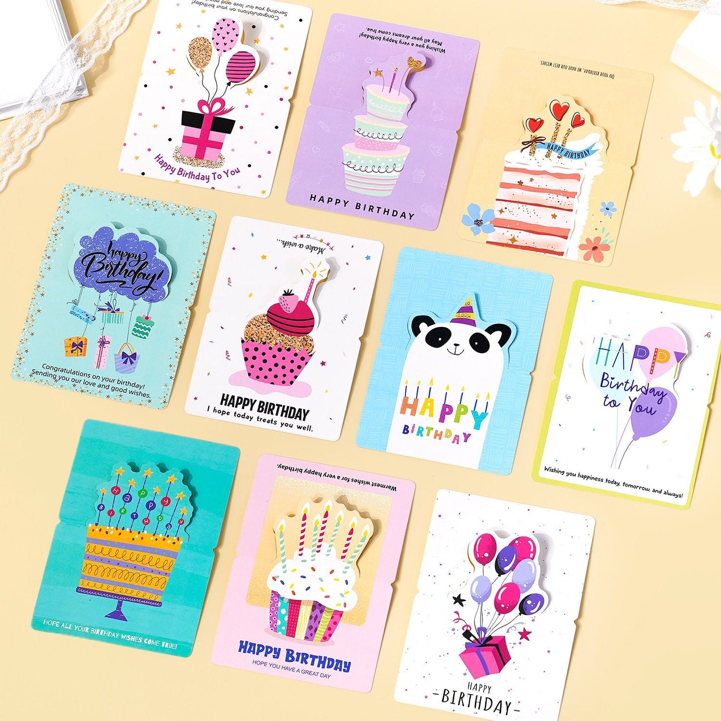 3 Sets 3D Pop-up Birthday Card Set - 3*10pcs Cartoon Panda/Cake/Balloon Greeting Cards with Envelopes, Handwritten Message Foldable Cards for Kids/Friends/Party Favors
