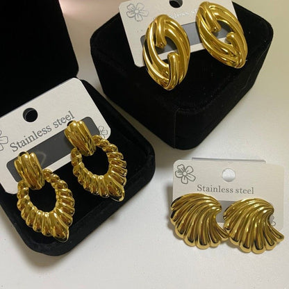 Combination C 18K Gold-Plated Stainless Steel Earring Set - 3 Pairs Minimalist Geometric Studs for Women with Gift Box Packaging