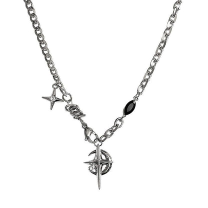 Silver Hip-hop style titanium steel black gemstone spliced star cross necklace, unisex trendy streetwear design collarbone chain