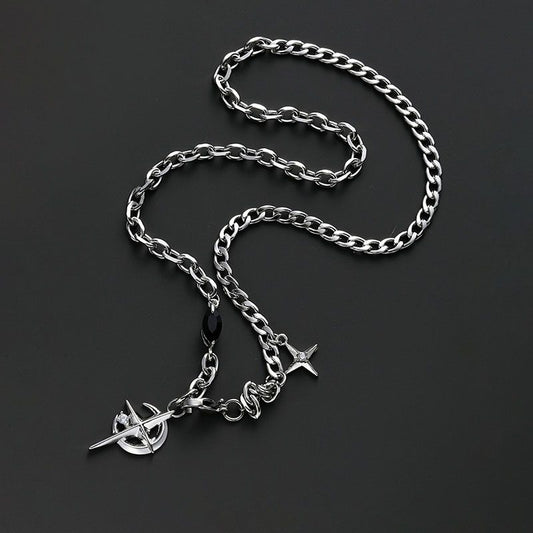 Silver Hip-hop style titanium steel black gemstone spliced star cross necklace, unisex trendy streetwear design collarbone chain