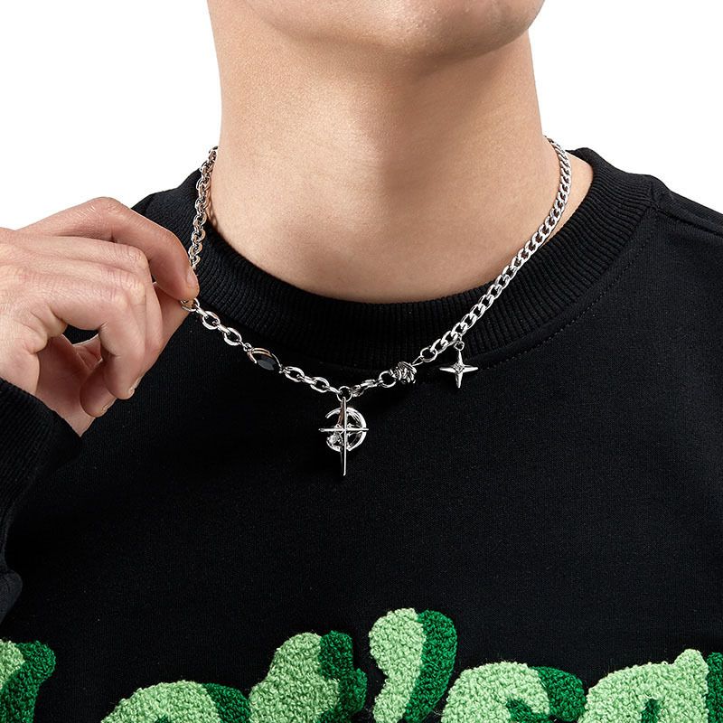 Silver Hip-hop style titanium steel black gemstone spliced star cross necklace, unisex trendy streetwear design collarbone chain