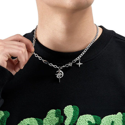 Silver Hip-hop style titanium steel black gemstone spliced star cross necklace, unisex trendy streetwear design collarbone chain