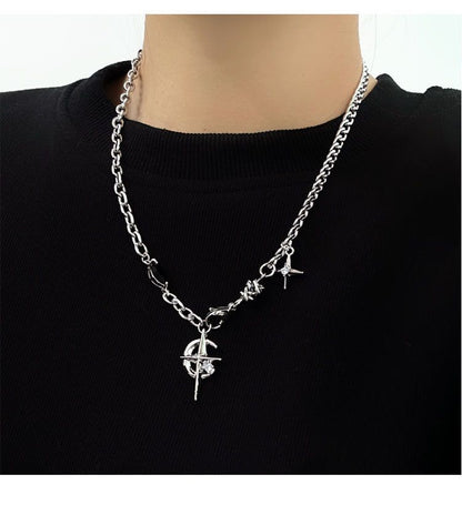 Silver Hip-hop style titanium steel black gemstone spliced star cross necklace, unisex trendy streetwear design collarbone chain