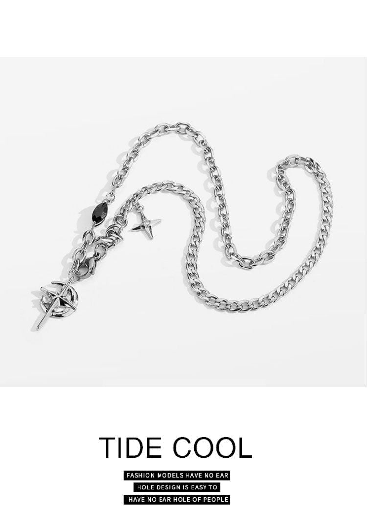 Silver Hip-hop style titanium steel black gemstone spliced star cross necklace, unisex trendy streetwear design collarbone chain
