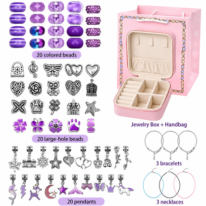 Purple Kids DIY Bead Jewelry Making Kit - 68 Pcs Alloy & Plastic Charm Bracelet & Necklace Set with Storage Box, Creative Birthday Gift for Girls
