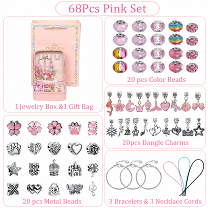 Pink Kids DIY Bead Jewelry Making Kit - 68 Pcs Alloy & Plastic Charm Bracelet & Necklace Set with Storage Box, Creative Birthday Gift for Girls