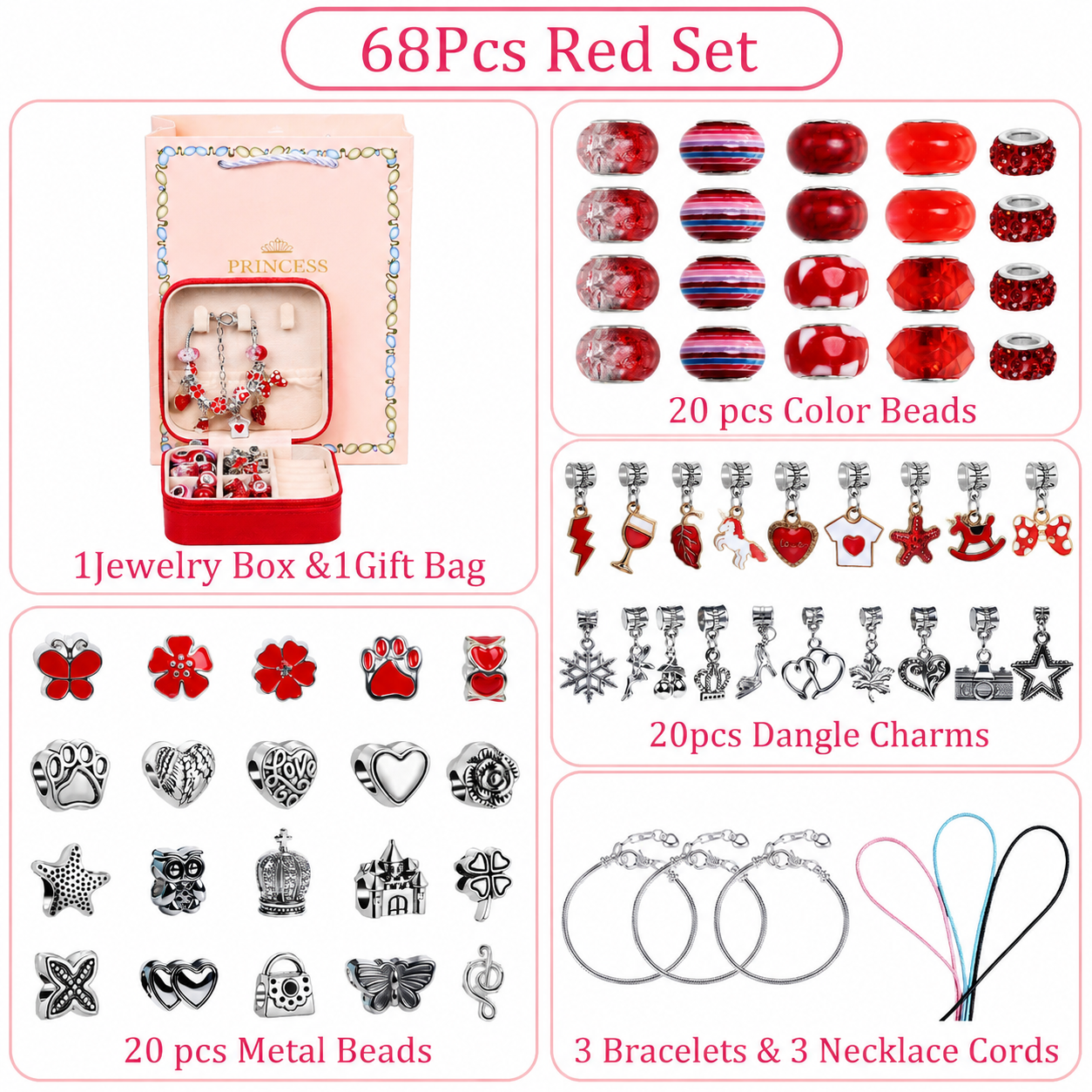 Red Kids DIY Bead Jewelry Making Kit - 68 Pcs Alloy & Plastic Charm Bracelet & Necklace Set with Storage Box, Creative Birthday Gift for Girls