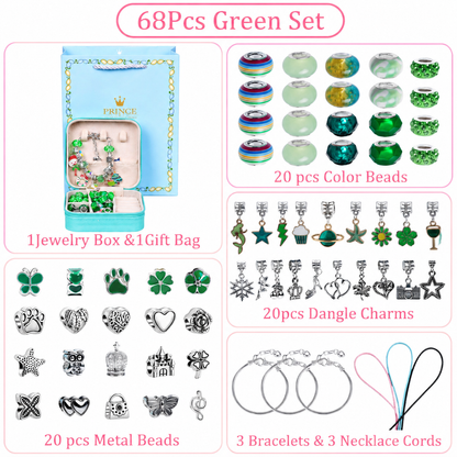 Green Kids DIY Bead Jewelry Making Kit - 68 Pcs Alloy & Plastic Charm Bracelet & Necklace Set with Storage Box, Creative Birthday Gift for Girls