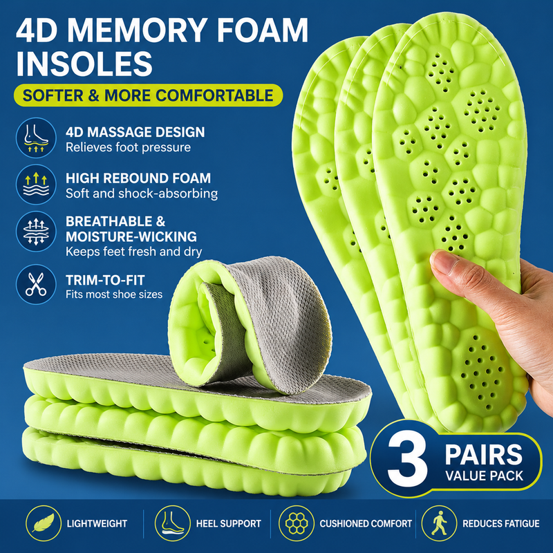3 Pairs Green and Grey 4D Cloud Insoles for Men and Women Insoles Super Soft Anti-Fatigue, Shock Absorption, Relieve Foot Pain  (AU 6–7 )