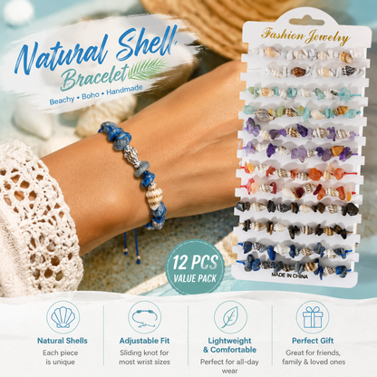 Boho Braided Shell & Crystal Bracelet Set – 12-Piece Adjustable Woven Jewelry with Conch, Beads & Stone Charms
