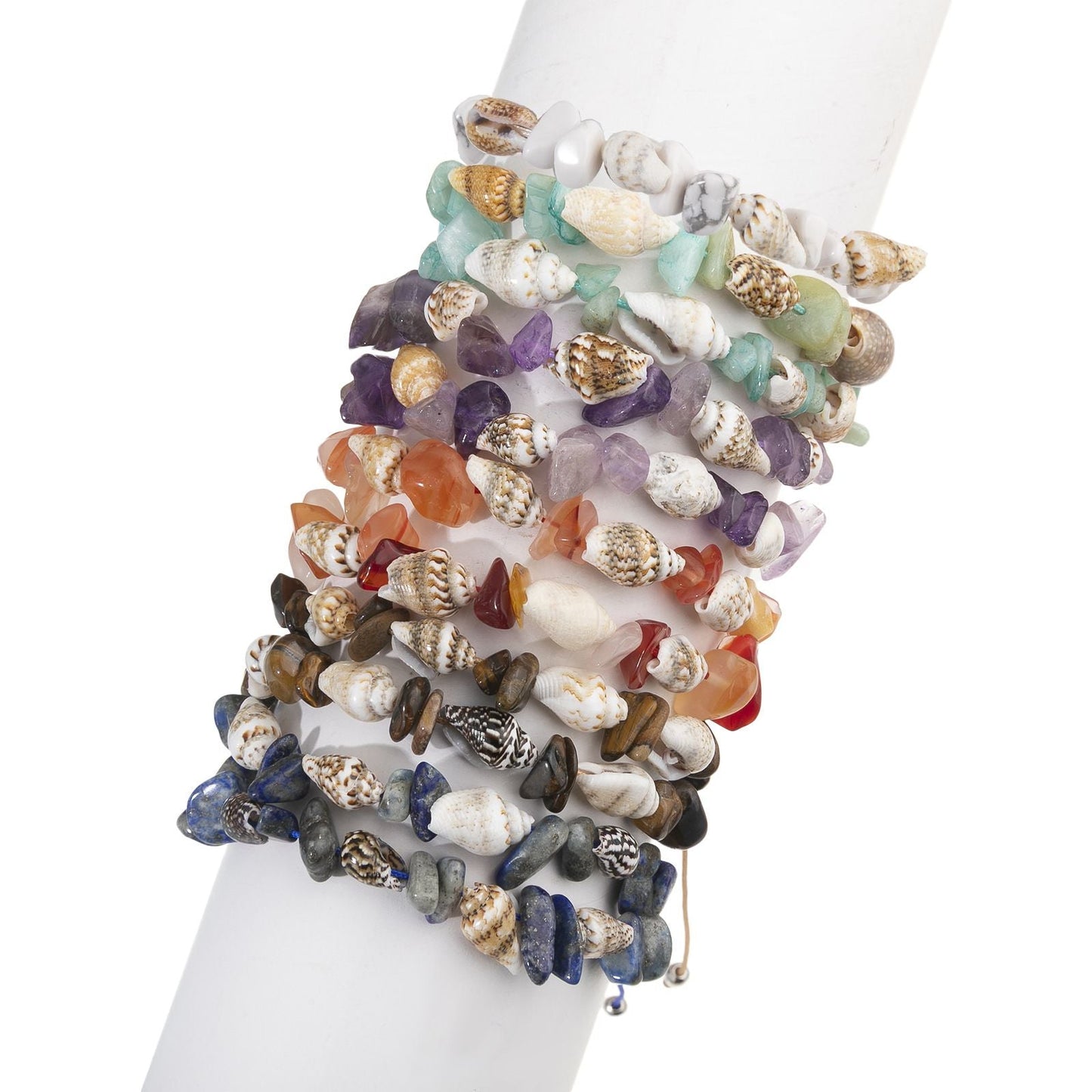 Boho Braided Shell & Crystal Bracelet Set – 12-Piece Adjustable Woven Jewelry with Conch, Beads & Stone Charms