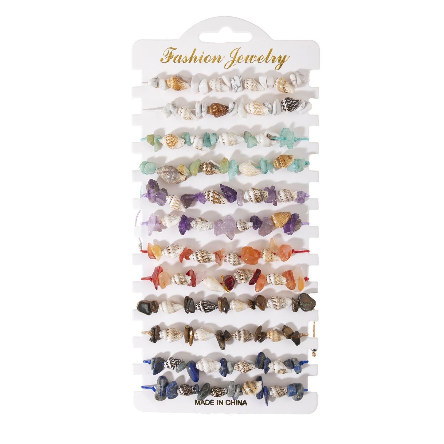 Boho Braided Shell & Crystal Bracelet Set – 12-Piece Adjustable Woven Jewelry with Conch, Beads & Stone Charms