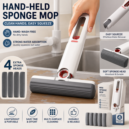 Mini Handheld Sponge Mop – Self-Squeezing, No-Touch Cleaning with 4 Replaceable Heads for Kitchen, Bathroom & Desktop