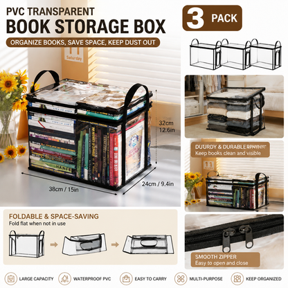 3 Pcs Large Clear PVC Book Storage Box – Foldable, Dustproof & Transparent Organizer with Handles for Home, Classroom & Office (38×24×32cm)