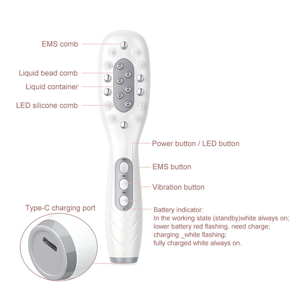 White Smart Scalp Massage Comb with EMS, LED Light Therapy & Vibration â€“ Rechargeable Hair Growth Applicator