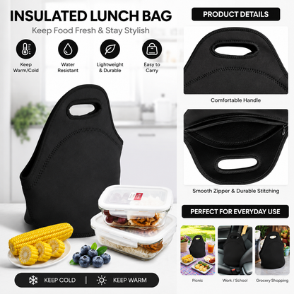 Black Reusable Neoprene Insulated Lunch Bag â€“ Waterproof Thermal Tote for Work, School & Picnics (30x17x30cm)