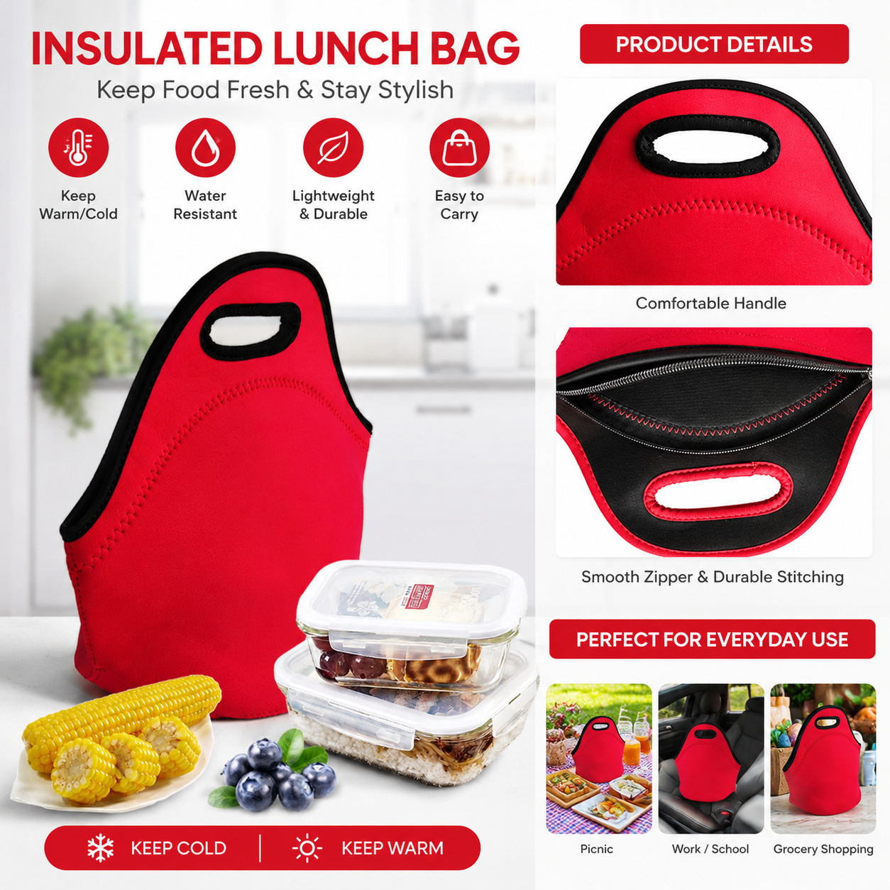 Red Reusable Neoprene Insulated Lunch Bag â€“ Waterproof Thermal Tote for Work, School & Picnics (30x17x30cm)
