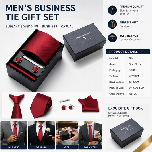 Red Premium Men's 4-Piece Formal Tie Set -  Necktie, Pocket Square, Cufflinks, and Tie Clip in a Luxury Gift Box