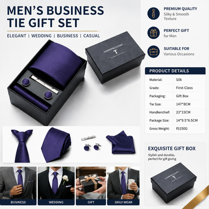 HB376 Purple Premium Men's 4-Piece Formal Tie Set -  Necktie, Pocket Square, Cufflinks, and Tie Clip in a Luxury Gift Box