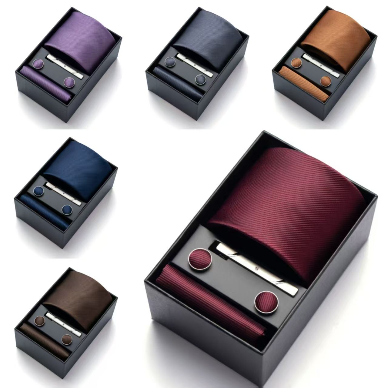 HB376 Purple Premium Men's 4-Piece Formal Tie Set -  Necktie, Pocket Square, Cufflinks, and Tie Clip in a Luxury Gift Box