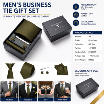 HB378 Dark Green Premium Men's 4-Piece Formal Tie Set -  Necktie, Pocket Square, Cufflinks, and Tie Clip in a Luxury Gift Box