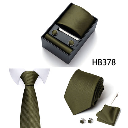 HB378 Dark Green Premium Men's 4-Piece Formal Tie Set -  Necktie, Pocket Square, Cufflinks, and Tie Clip in a Luxury Gift Box