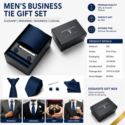 HB383 Dark Blue Premium Men's 4-Piece Formal Tie Set -  Necktie, Pocket Square, Cufflinks, and Tie Clip in a Luxury Gift Box