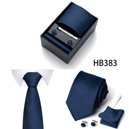 HB383 Dark Blue Premium Men's 4-Piece Formal Tie Set -  Necktie, Pocket Square, Cufflinks, and Tie Clip in a Luxury Gift Box