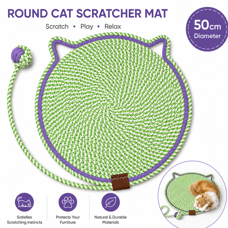 Green Durable Cat Scratching Mat with Attached Toy Ball - Washable and Multi-Functional, Ideal for Cats' Scratching and Sleeping - 50cm Diameter